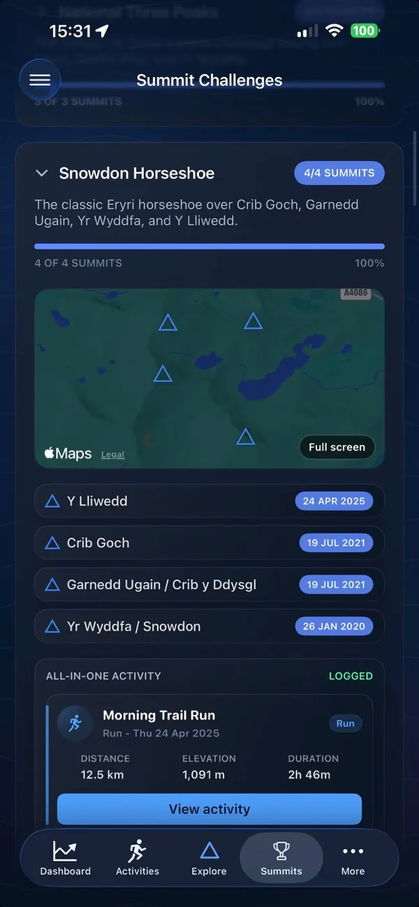 Summit challenges in the Peakify app